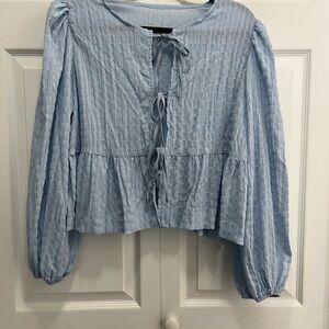 SHEIN Light Blue Textured Blouse with Tie-Front
